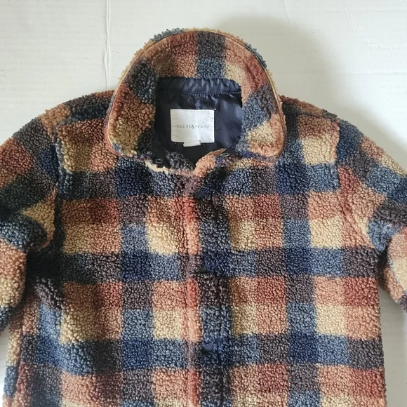 Scene & Heard Childs Jacket Size 4-5 Brown Navy Plaid Snap Front Teddy Fabric - Picture 2 of 11